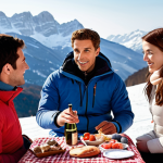 **

A ski instructor giving a personalized lesson to a couple, with a mountain picnic setup in the background. Focus on the romantic and tailored experience. Include elements like a bottle of Prosecco or local Italian treats.

**