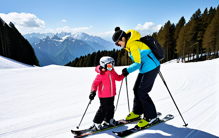A professional female ski instructor, fully clothed in a modest, warm ski suit, patiently guiding a young child in a brightly colored ski jacket down a gentle, sunlit ski slope in the majestic Italian Alps. The child is smiling, showing confidence and progress. The background features pristine snow, towering pine trees, and distant mountain peaks under a clear blue sky. Perfect anatomy, correct proportions, natural pose, well-formed hands, proper finger count, natural body proportions. Safe for work, appropriate content, fully clothed, professional, family-friendly, high-quality professional photography, natural lighting.