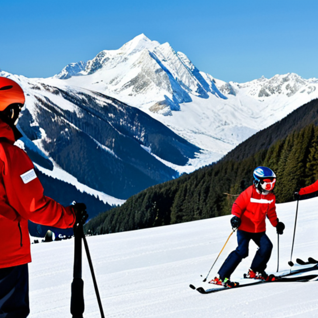 **Prompt:** A dynamic scene of several professional ski instructors in matching, modest ski school uniforms, actively teaching and guiding a diverse group of students, including adults and children, on a sunny, well-groomed mountain slope. The instructors exhibit teamwork, supporting each other and engaging positively with their pupils. The background features breathtaking snow-covered peaks under a clear blue sky. Fully clothed, appropriate attire, safe for work, perfect anatomy, correct proportions, natural pose, well-formed hands, proper finger count, natural body proportions, professional photography, high quality, family-friendly.