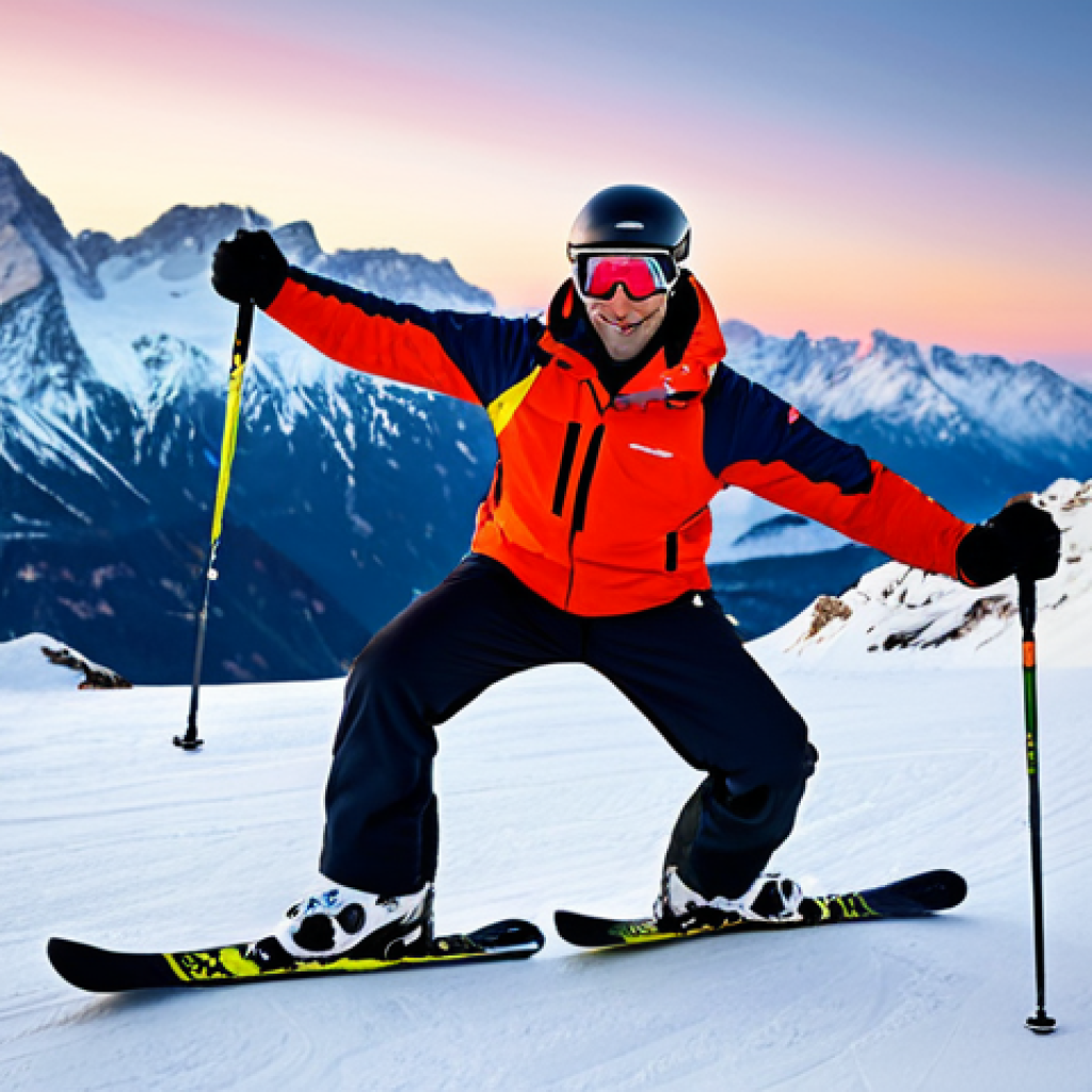 A professional male ski instructor, fully clothed in a modest, high-quality winter ski uniform, performs dynamic morning stretches on a snowy mountain slope. The scene captures the instructor executing torso rotations, leg swings, and bodyweight squats, demonstrating perfect anatomy and natural proportions. The background features snow-covered peaks illuminated by a soft, rosy dawn light, conveying a sense of invigorating freshness. The pose is natural and active, showcasing well-formed hands and proper finger count. This image is safe for work, appropriate content, fully clothed, professional, and family-friendly.