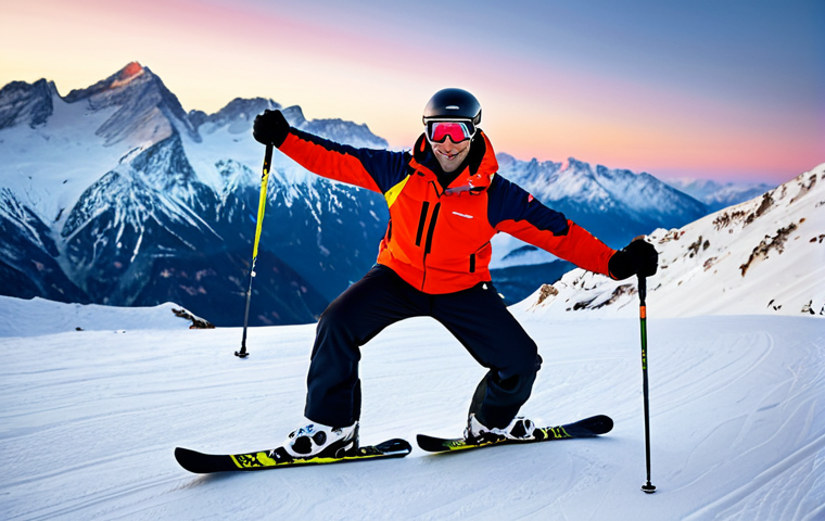 A professional male ski instructor, fully clothed in a modest, high-quality winter ski uniform, performs dynamic morning stretches on a snowy mountain slope. The scene captures the instructor executing torso rotations, leg swings, and bodyweight squats, demonstrating perfect anatomy and natural proportions. The background features snow-covered peaks illuminated by a soft, rosy dawn light, conveying a sense of invigorating freshness. The pose is natural and active, showcasing well-formed hands and proper finger count. This image is safe for work, appropriate content, fully clothed, professional, and family-friendly.