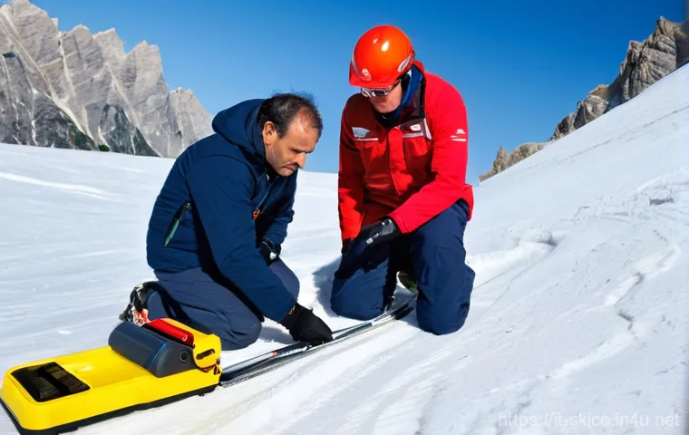 스키 강사의 안전사고 대처법 - **Prompt:** A diverse group of professional Italian ski instructors, impeccably dressed in their nat...
