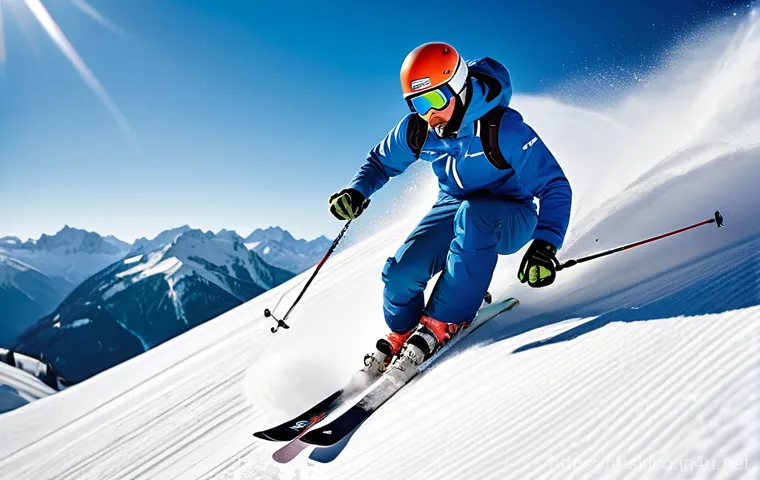 스키 강사의 자격 시험 노하우 - **A highly skilled male ski instructor, in his 30s, is flawlessly executing a perfect, carving turn ...