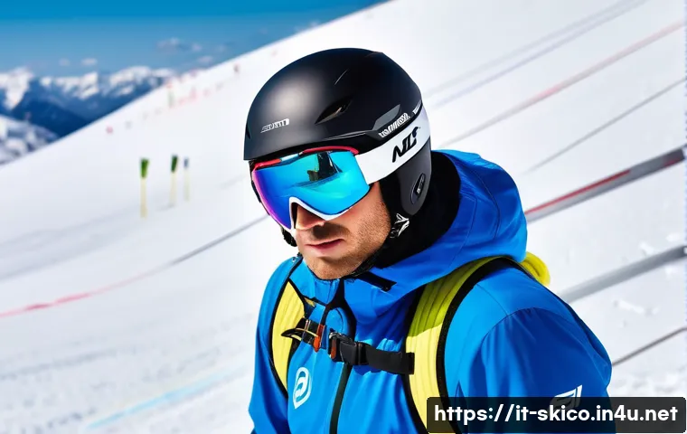 스키 강사의 실기 연습 팁 - **"The Focused Ascent"**: A male skier, around 30-35 years old, of athletic build, fully dressed in ...