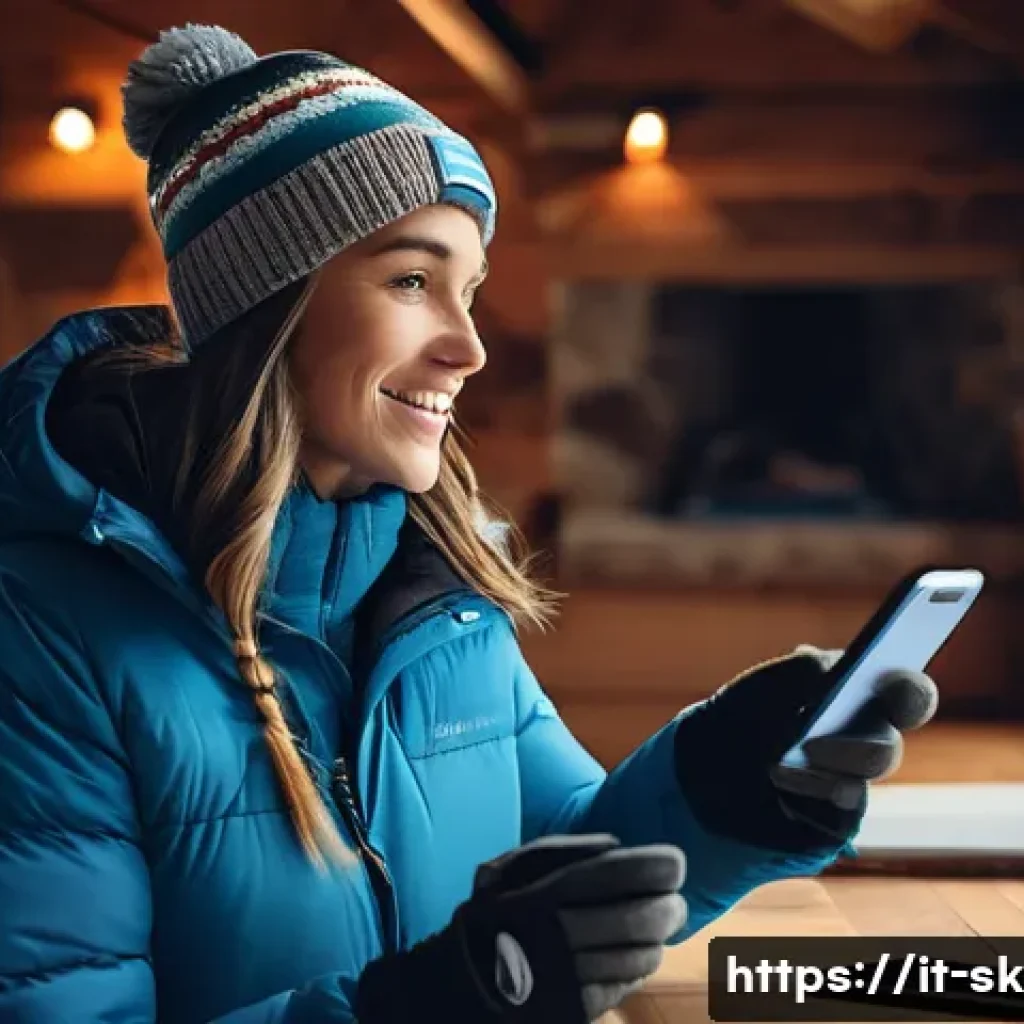 스키 강사의 자기 브랜딩 사례 - A professional ski instructor creating engaging digital content for social media, shown in a cozy mo...