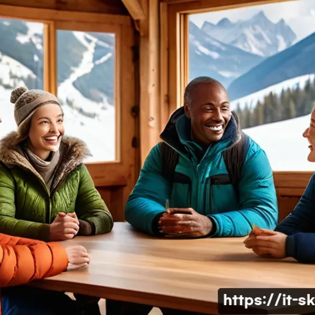 스키 강사의 문화적 적응 사례 - A warm, inviting alpine classroom scene set in a rustic mountain lodge with wooden beams and large w...