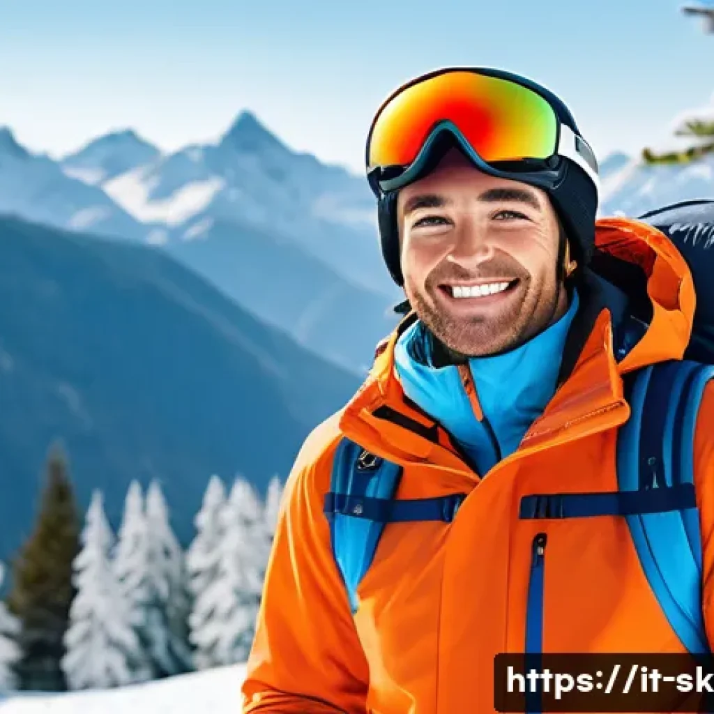 스키 강사의 소셜미디어 활용법 - A professional ski instructor outdoors on a snowy mountain slope during a sunny winter day, wearing ...