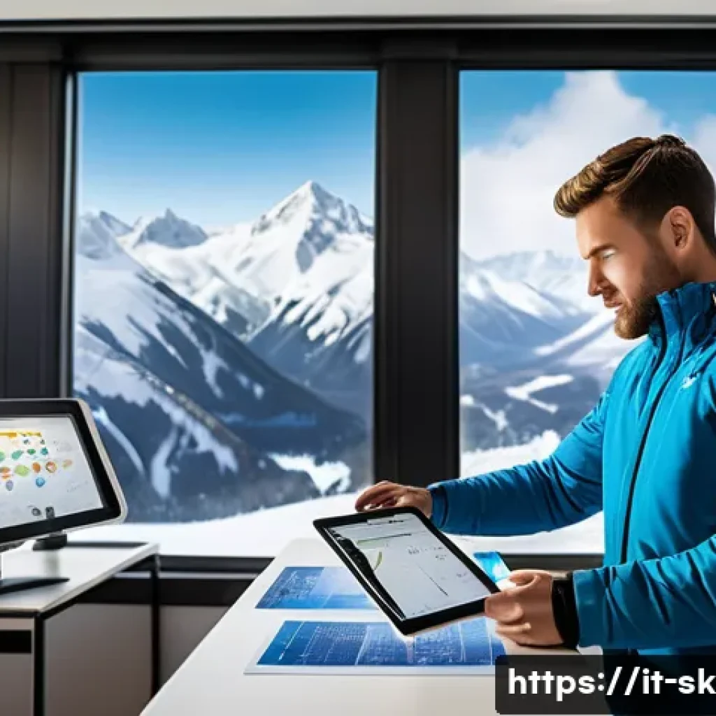 스키 강사의 성과 기록 유지 방법 - A professional ski instructor reviewing detailed individual student progress charts in a modern ski ...