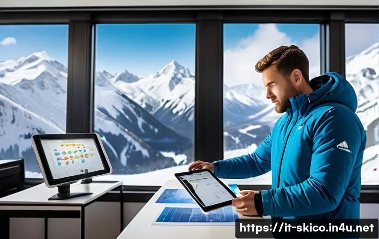 스키 강사의 성과 기록 유지 방법 - A professional ski instructor reviewing detailed individual student progress charts in a modern ski ...