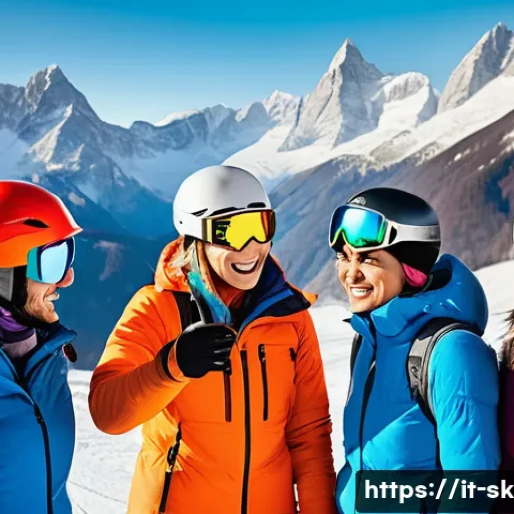 스키 강사의 자기 홍보 전략 - A professional ski instructor engaging warmly with a diverse group of students on a snowy mountain s...