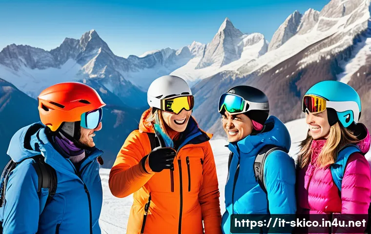스키 강사의 자기 홍보 전략 - A professional ski instructor engaging warmly with a diverse group of students on a snowy mountain s...
