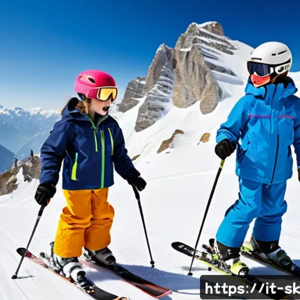 스키 강사의 여행 준비 요령 - A professional ski instructor teaching a diverse group of adult and child beginners on a sunny mount...