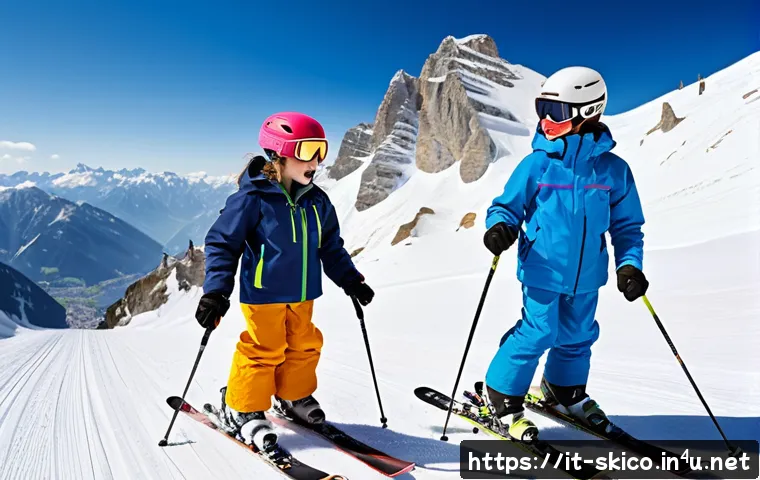 스키 강사의 여행 준비 요령 - A professional ski instructor teaching a diverse group of adult and child beginners on a sunny mount...
