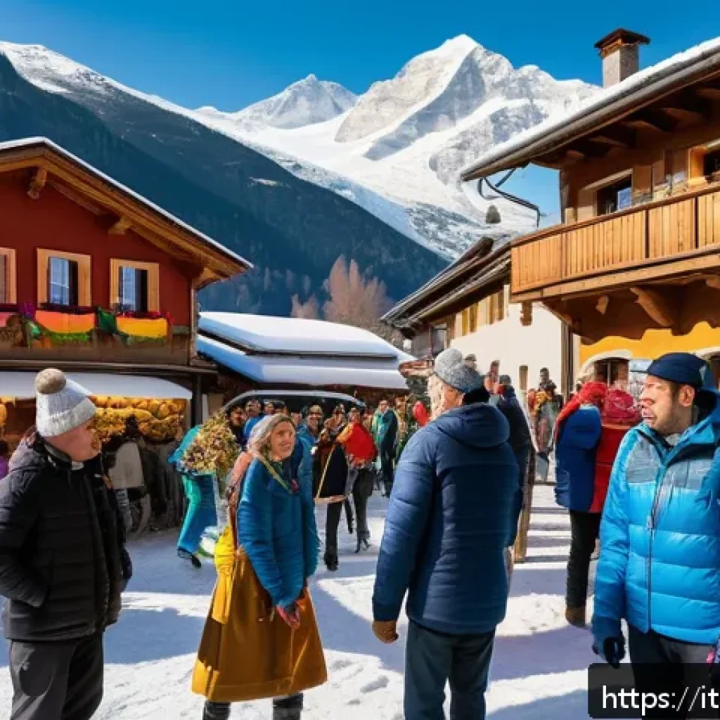 스키 강사의 지역 커뮤니티 활동 - A vibrant alpine village scene during a traditional cultural festival in the Italian Alps, featuring...