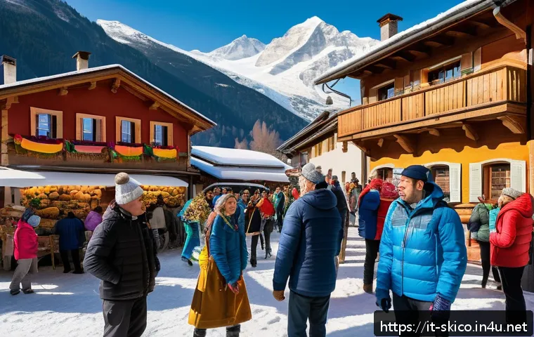 스키 강사의 지역 커뮤니티 활동 - A vibrant alpine village scene during a traditional cultural festival in the Italian Alps, featuring...