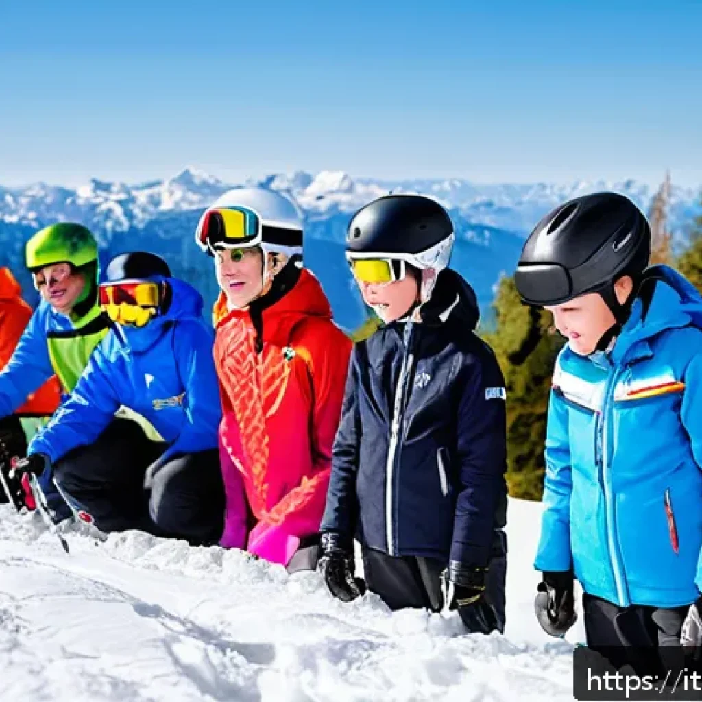 스키 강사의 자기계발 플랜 - A professional ski coach attentively listening to a diverse group of students on a snowy mountain sl...