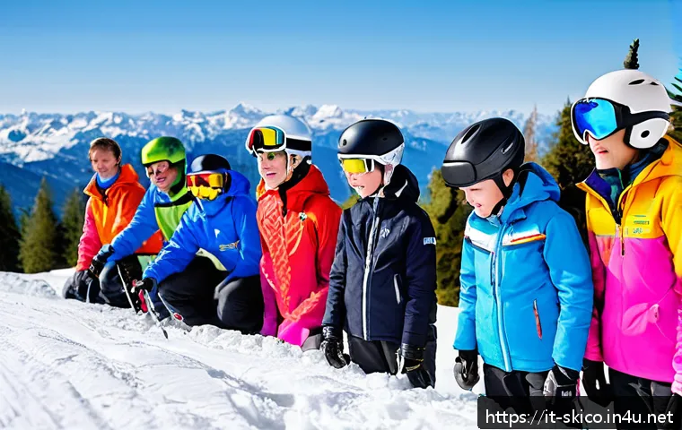 스키 강사의 자기계발 플랜 - A professional ski coach attentively listening to a diverse group of students on a snowy mountain sl...