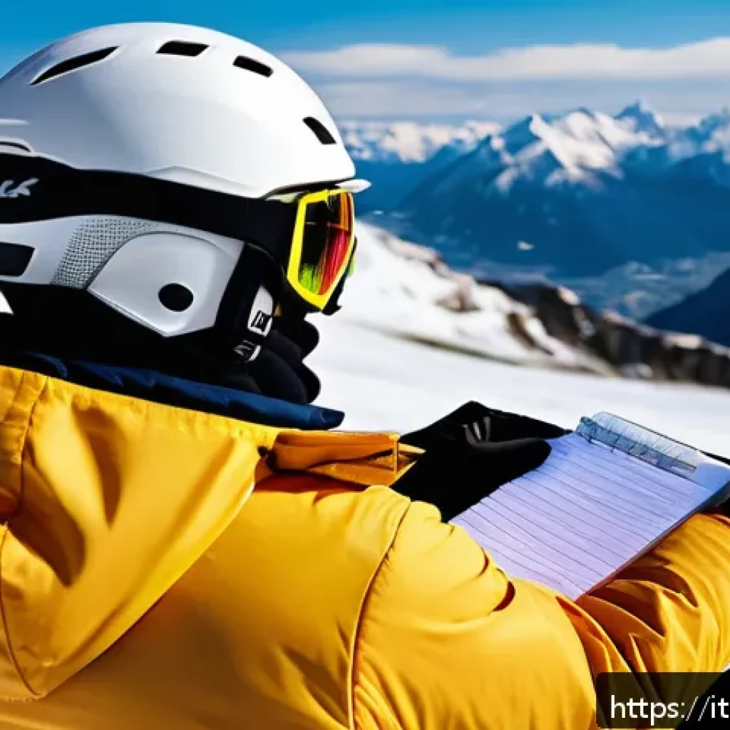 스키 강사 업무일기 작성 팁 - A professional ski instructor taking detailed notes in a dedicated notebook immediately after a less...