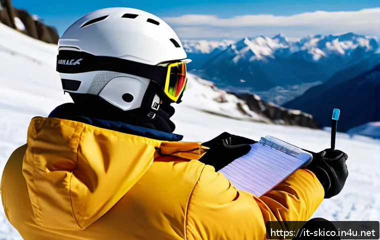스키 강사 업무일기 작성 팁 - A professional ski instructor taking detailed notes in a dedicated notebook immediately after a less...