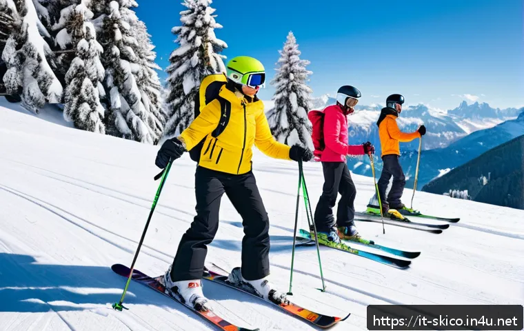 스키 강사의 직업 만족도 - A professional Italian ski instructor teaching a diverse group of adult beginners on a sunny winter ...