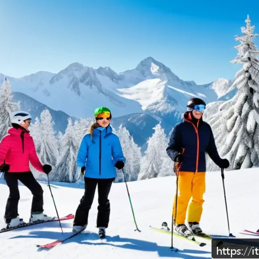 스키 강사의 가르침으로 얻는 보람 - A serene mountain ski scene featuring a diverse group of adult skiers in colorful winter clothing an...