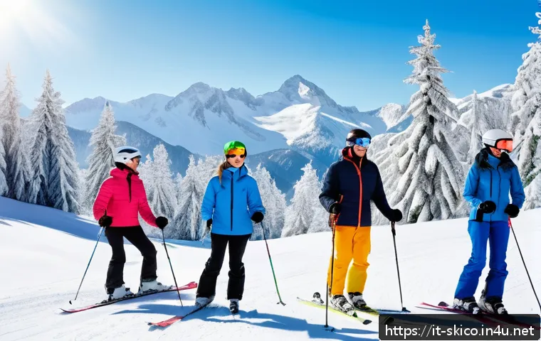 스키 강사의 가르침으로 얻는 보람 - A serene mountain ski scene featuring a diverse group of adult skiers in colorful winter clothing an...