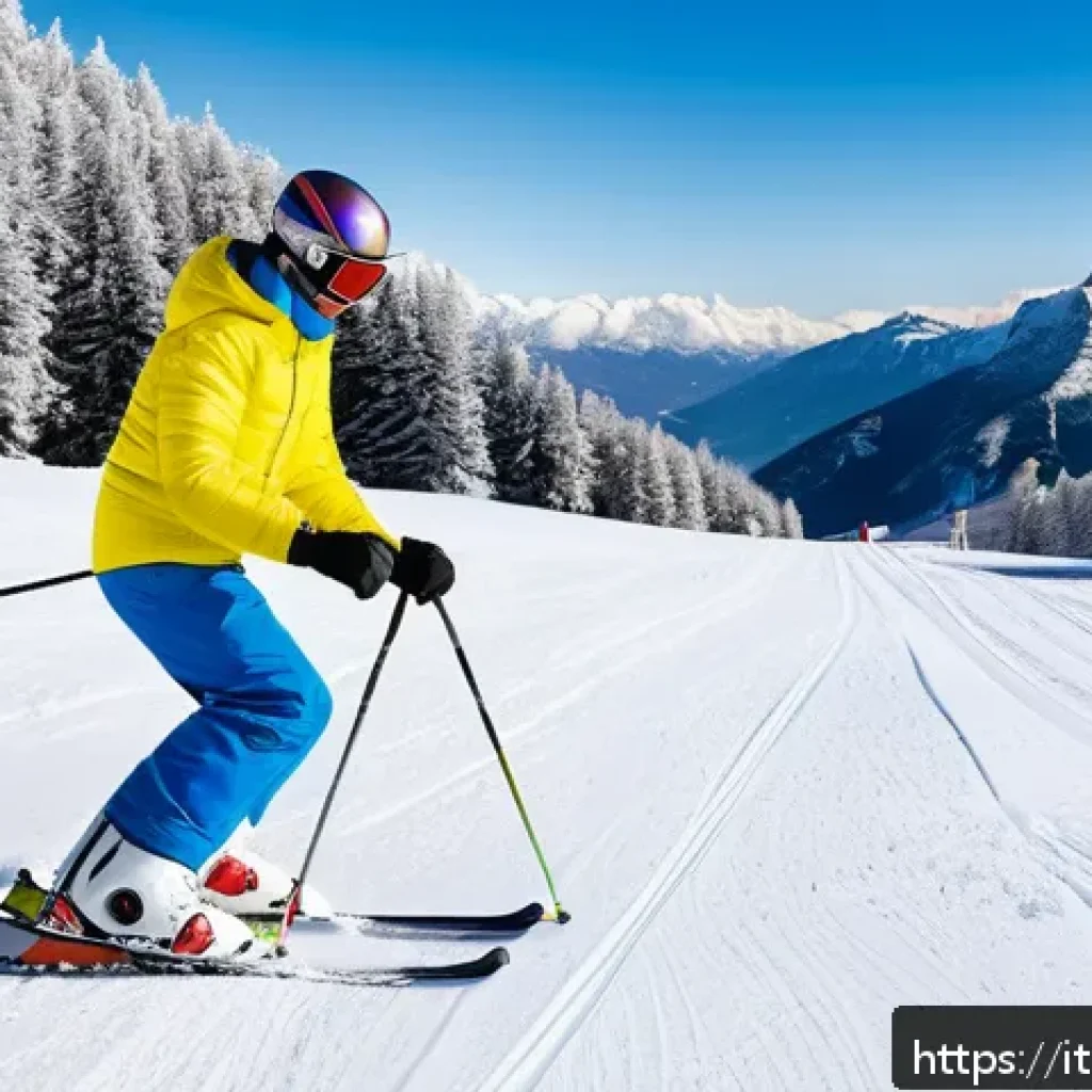스키 강사의 고객 중심 강의 설계 - A beginner skier wearing bright, colorful ski gear and protective gloves, practicing simple balance ...