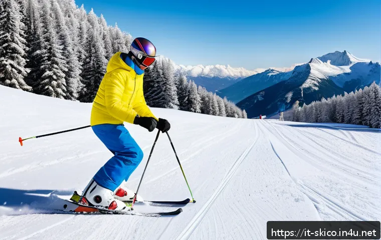 스키 강사의 고객 중심 강의 설계 - A beginner skier wearing bright, colorful ski gear and protective gloves, practicing simple balance ...