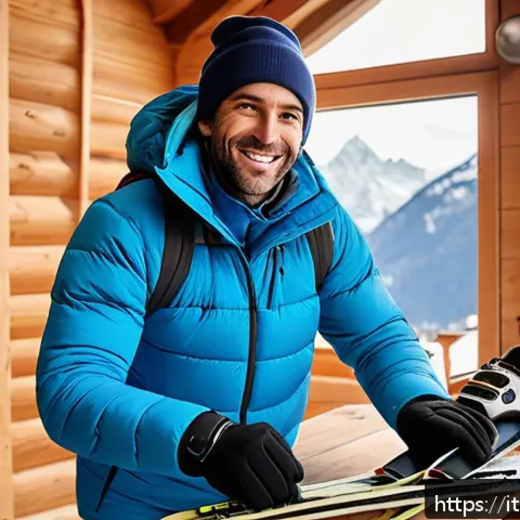 스키 강사의 디지털 마케팅 활용 사례 - A charismatic Italian ski instructor in stylish winter sportswear, preparing skis behind the scenes ...