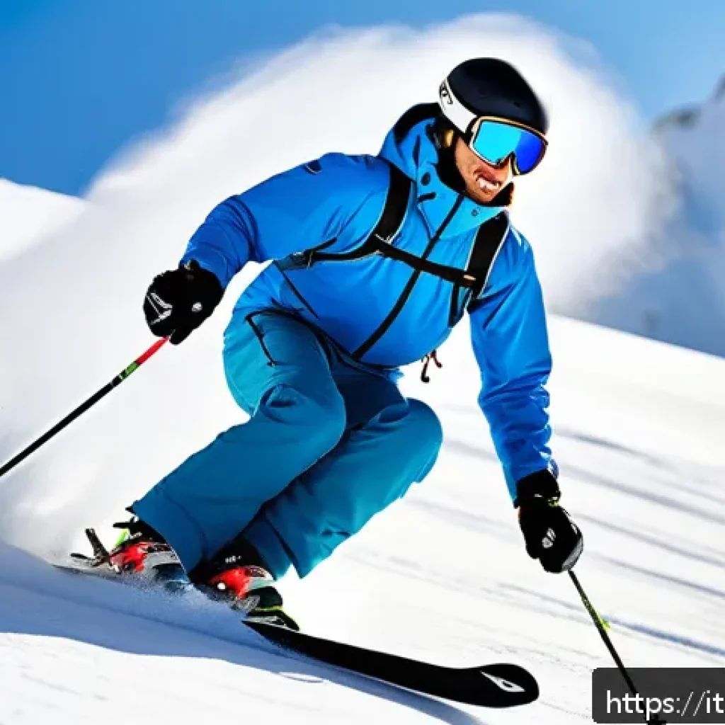 스키 강사 실기 시험 팁 - A professional ski instructor practicing controlled turns and sudden stops on a snowy mountain slope...