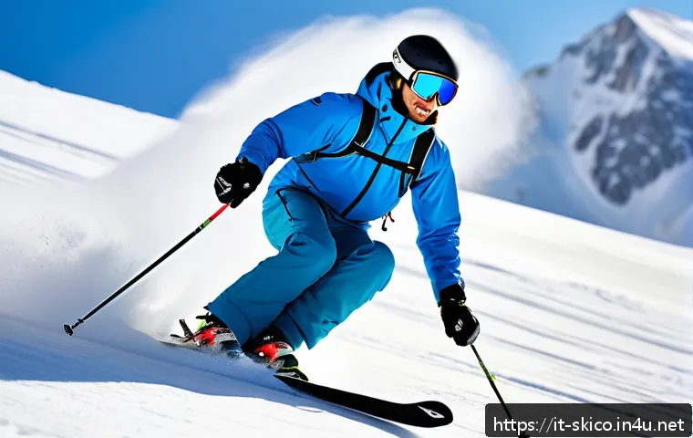 스키 강사 실기 시험 팁 - A professional ski instructor practicing controlled turns and sudden stops on a snowy mountain slope...
