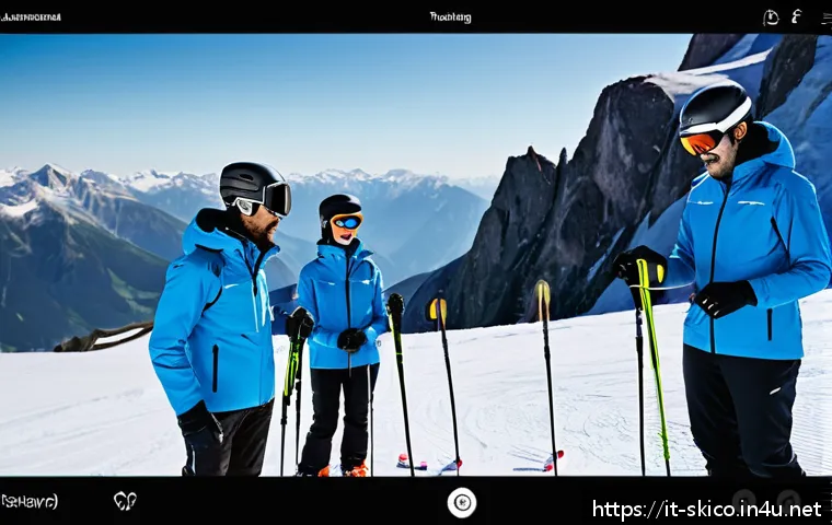 스키 강사의 새로운 강의 콘텐츠 개발 - A modern ski lesson scene featuring a diverse group of adult learners wearing stylish, high-tech ski...