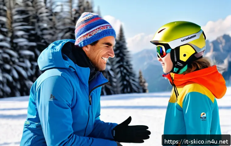 스키 강사의 고객 만족 사례 - A warm, empathetic ski instructor attentively listening to a young adult student on a snowy alpine s...