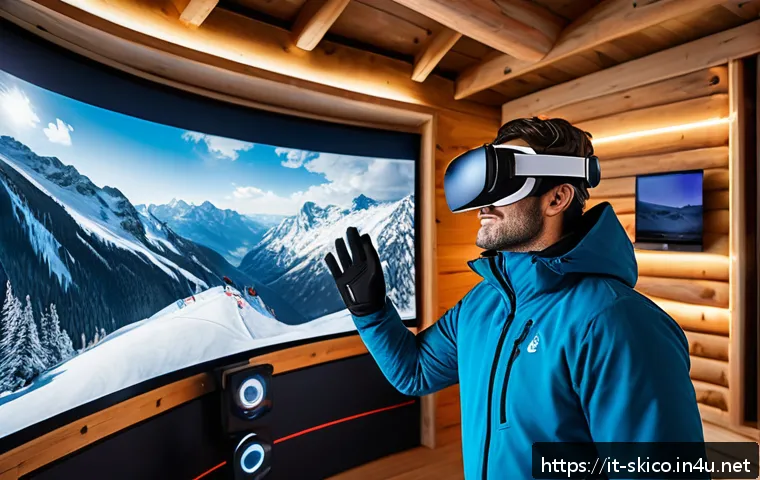 스키 강사의 트렌드 분석과 활용 - A modern ski instructor using a high-tech virtual reality headset inside a cozy ski lodge, surrounde...