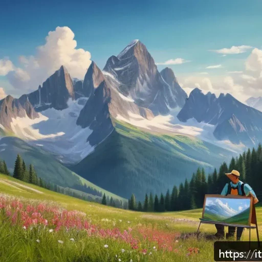 스키 강사의 여가 및 취미 생활 - A serene summer mountain landscape painting scene featuring a ski instructor in casual clothing and ...