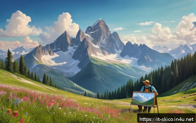 스키 강사의 여가 및 취미 생활 - A serene summer mountain landscape painting scene featuring a ski instructor in casual clothing and ...
