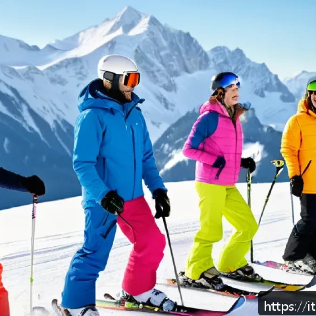 스키 강사의 커뮤니케이션 장애 극복법 - A diverse group of adult ski students from different nationalities wearing colorful ski jackets, hel...