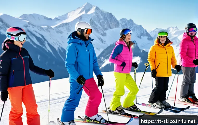 스키 강사의 커뮤니케이션 장애 극복법 - A diverse group of adult ski students from different nationalities wearing colorful ski jackets, hel...