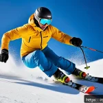 Home 21 스키 강사의 사진 및 영상 촬영 노하우 - A dynamic winter sports photograph capturing a professional skier wearing bright, insulated winter s...
