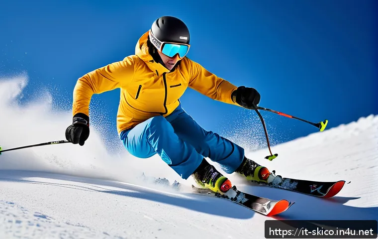 스키 강사의 사진 및 영상 촬영 노하우 - A dynamic winter sports photograph capturing a professional skier wearing bright, insulated winter s...