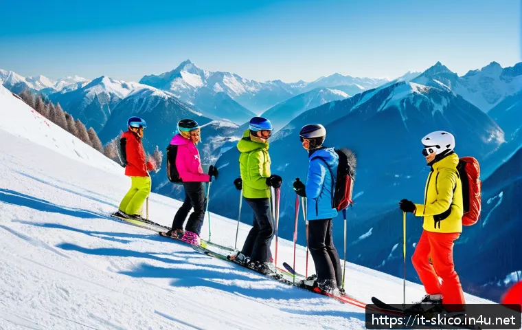 스키 강사의 업무와 학습 균형 유지법 - A professional ski instructor teaching a diverse group of students on a snowy mountain slope in the ...