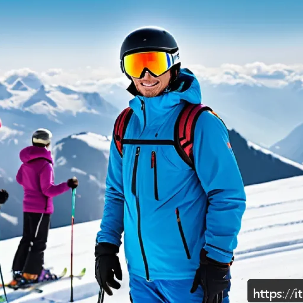 스키 강사 업무 사례 소개 - A professional ski instructor dressed in modern, weather-appropriate ski gear, standing on a snowy m...
