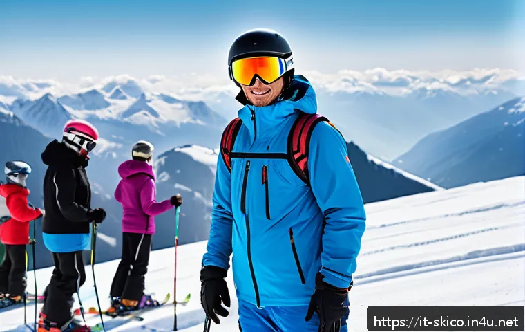 스키 강사 업무 사례 소개 - A professional ski instructor dressed in modern, weather-appropriate ski gear, standing on a snowy m...