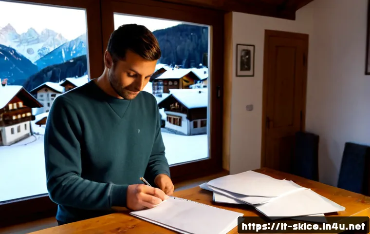 스키 강사의 동계 시즌 생활비 관리 - Photorealistic Italian ski instructor in a neat alpine apartment after work, wearing a warm sweater ...